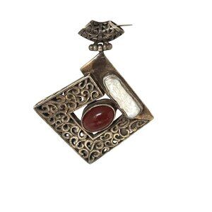 VNT Sterling Silver & Pearl Designed Pendant Red Agate Stone Filigree Art Decor